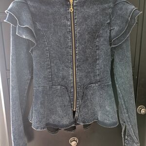 Fashion Nova Blue Jean Jacket with Ruffle Detail